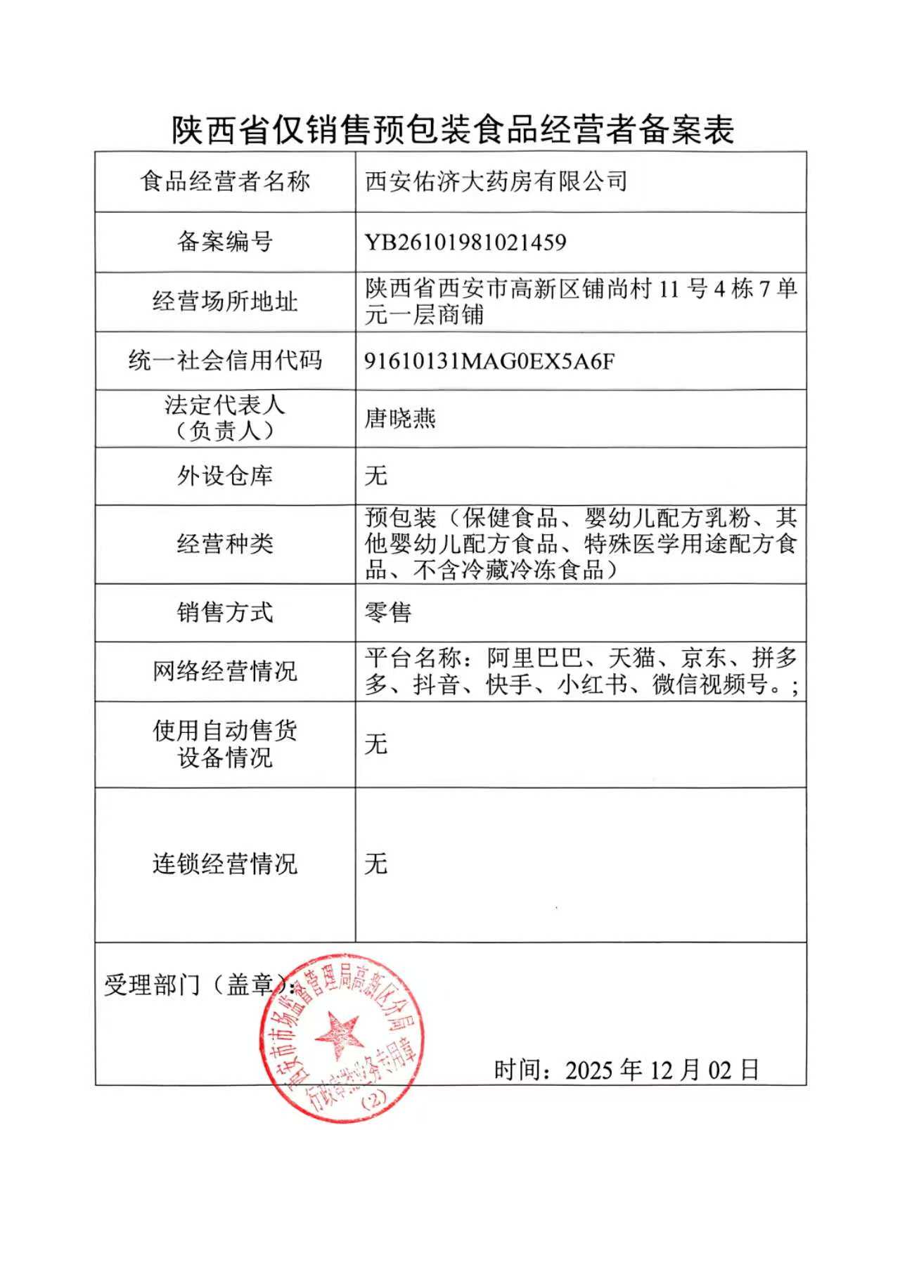仅销售预包装食品经营者备案表